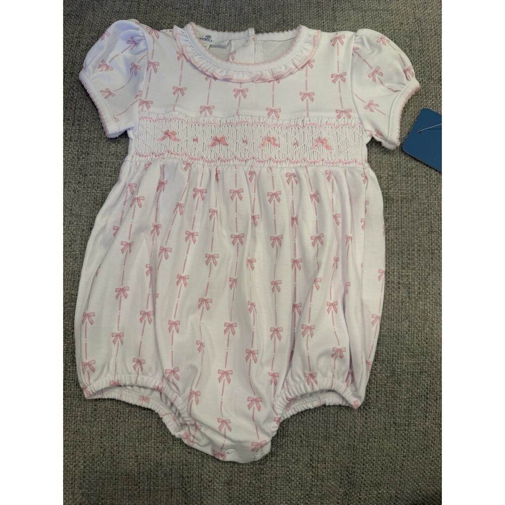 Magnolia Baby Amelia Classic Pink Smocked Bow Bubble Pima Cotton Sz 9 Months NWT